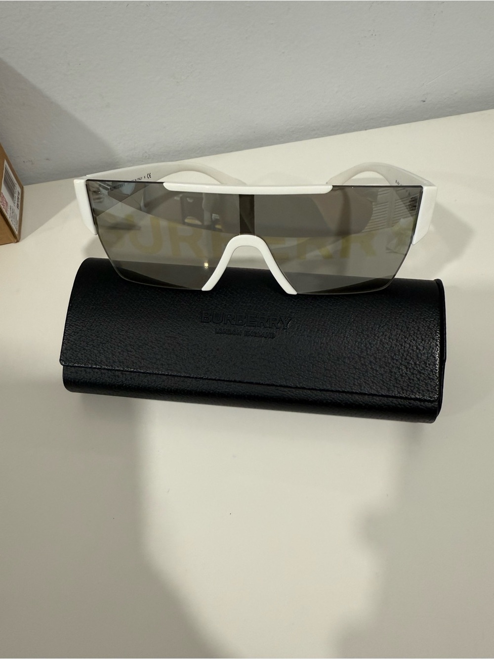 Burberry White Frame Grey Shield Sunglasses